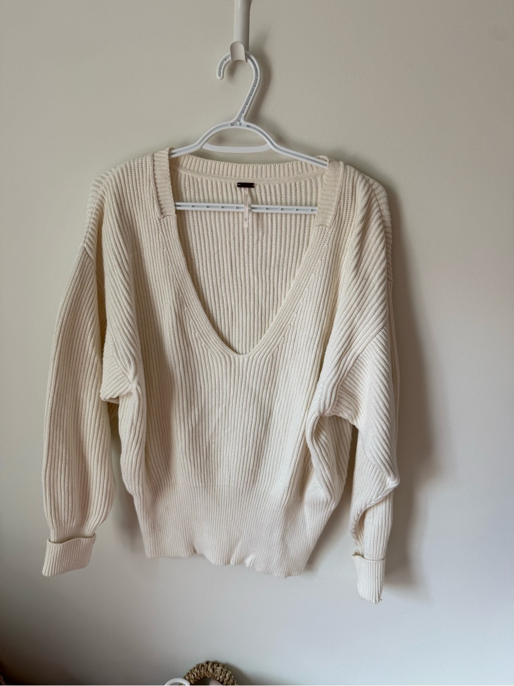Free People Cream Ribbed Deep V-Neck Sweater